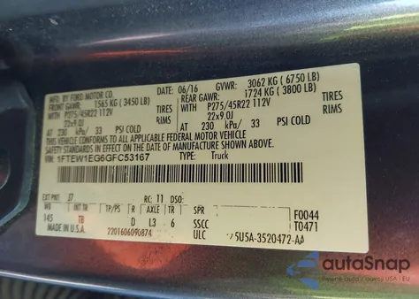 2016 Ford F-150 Limited z USA, uszkodzony, nr VIN 1FTEW1EG6GFC53167